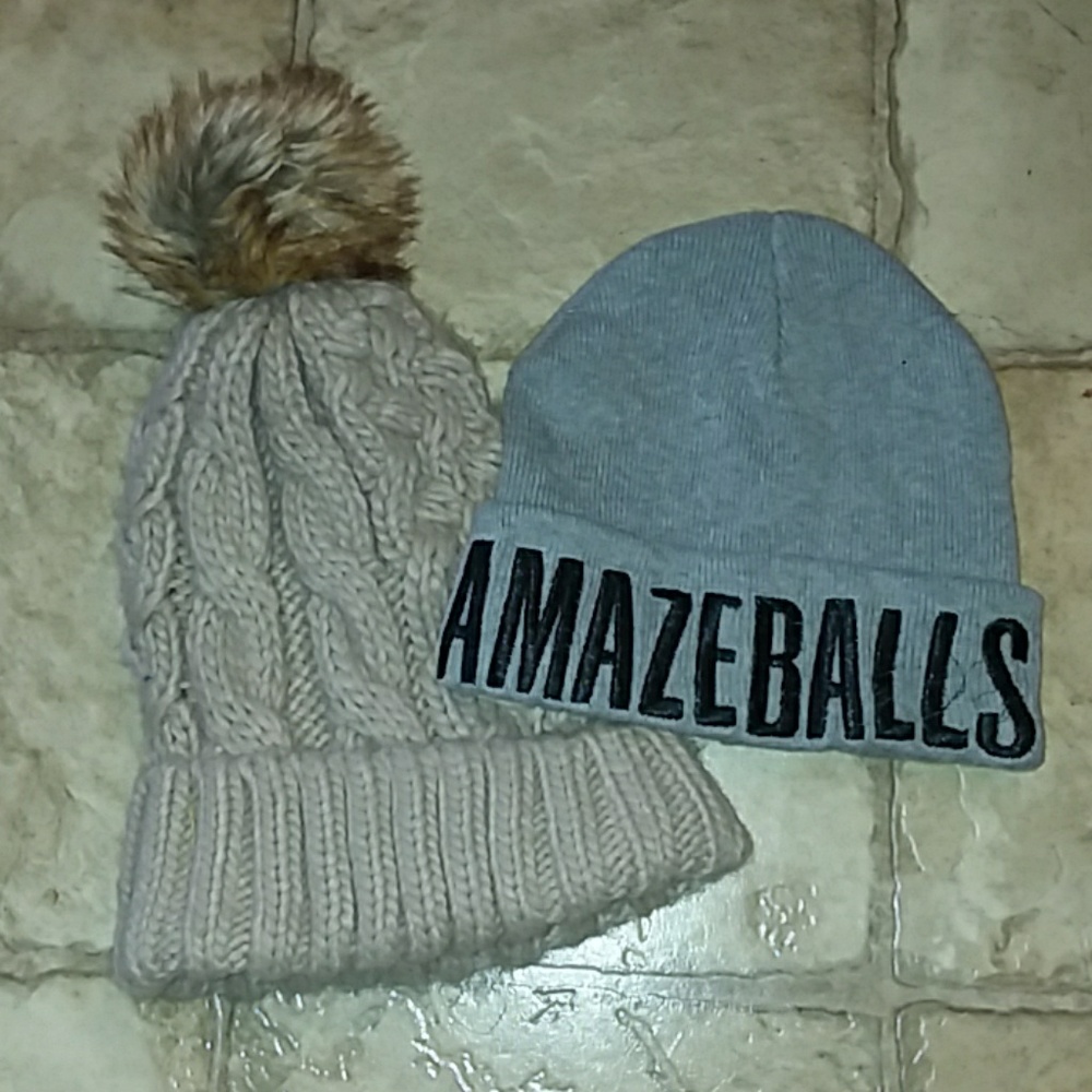 Amazeballs beanie and tan beanie with fuzz ball to